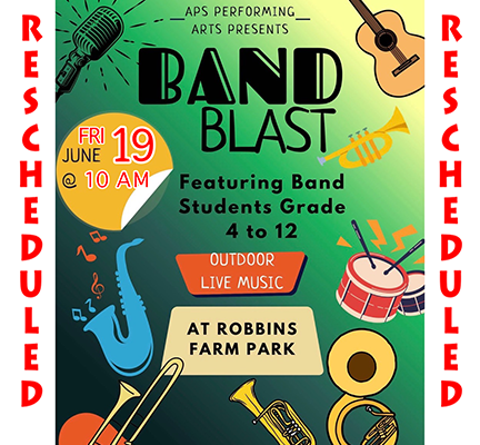 ** RESCHEDULED FOR FRIDAY AT 9 AM – (because of wind & rain) **BAND BLAST at Robbins Farm Park —— Friday, June 19, 9:00 am